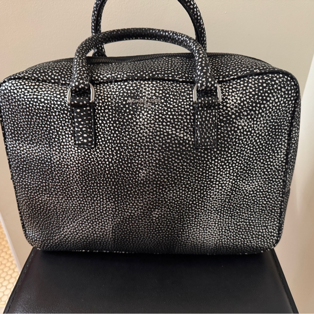 Michael Kors Speckled Black and Silver Leather Briefcase